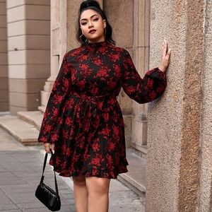 Shein Frill Neck Lantern Sleeve Floral Dress Sz 2X